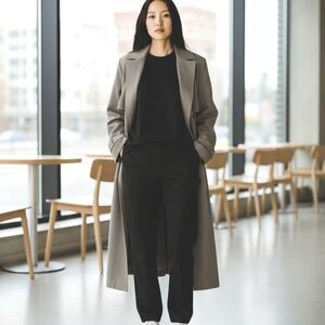 VTG 90s Ultra Suede Gray Trench Coat Women's Size 4 Oversized Belted Longline